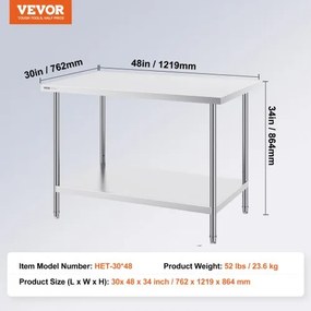 VEVOR Stainless Steel Work Prep Table Commercial Worktable Food Prep 30x48x34in