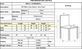 OPTIMAL Καρέκλα Τραπεζαρίας, Απόχρωση Καρυδί Ύφασμα Γκρι   2τμχ