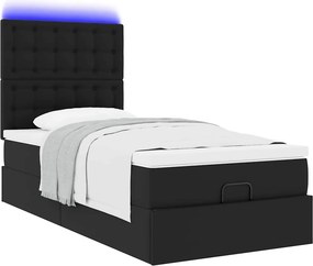 vidaXL Οθωμανικό κρεβάτι με στρώμα &amp; LEDs Μαύρο Συνθετικό δέρμα