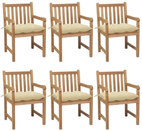 Καρέκλες Κήπου 6 τεμ. Μασίφ Ξύλο Teak με Λευκά Κρεμ Μαξιλάρια - Λευκό