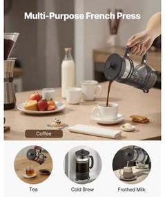 VEVOR French Press Coffee Maker 1L Borosilicate Glass Coffee Tea Press Silver