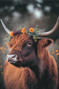 Φωτογραφία Τέχνης Highland Cow With Flowers, Treechild, (26.7 x 40 cm)