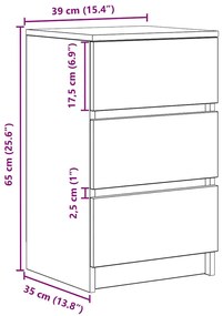 Κομοδίνα με 3 συρτάρια 2 τεμάχια Μαύρο 39x35x65 εκ. - Μαύρο