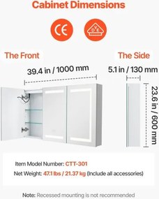 VEVOR Lighted Medicine Cabinet with Tempered Glass Mirror 100x60 cm Wall-Mounted