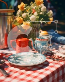 Intra Συλλεκτικό Ξύλινο Παζλ Plywood  4mm - Τραπέζι πικνίκ με λουλούδια και σκεύη Σε Ξύλινο Κουτί - Διαστάσεις Puzzle: 10x10 cm – 25 κομμάτια