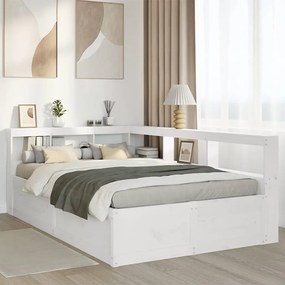 Κρεβάτι Βιβλιοθήκη Χωρίς Στρώμα Λευκό 135x190 εκ Μασίφ Πεύκο - Λευκό